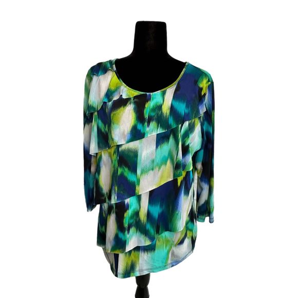 Worthington Blue & Green 3/4 Sleeve Multicolor Blouse With Belt, XL, Pre-owned - Picture 1 of 5